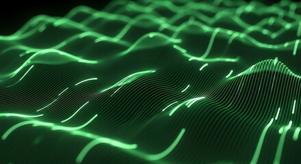 Abstract representation of dynamic waveforms in a vibrant green hue, showcasing a complex and flowing pattern against a dark backdrop.
