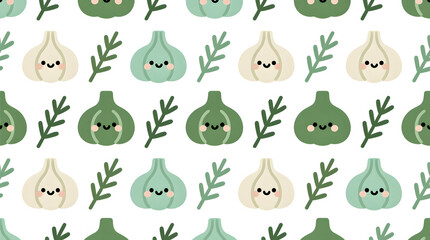 Cute food pattern, vector art: Seamless design featuring adorable garlic cloves and fragrant rosemary sprigs in an olive green color scheme.
