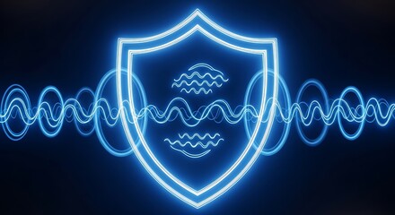 A glowing blue shield, a symbol of protection, is superimposed over a graphic representation of sound waves, creating a powerful visual metaphor.