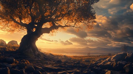 A lone tree stands silhouetted against a vibrant sunset, its branches reaching towards the sky. The sun casts long shadows across the rocky landscape, creating a sense of peace and tranquility.