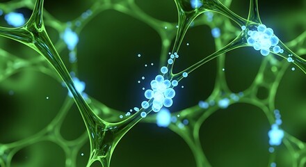 A complex network of glowing green structures with light blue clusters of particles.