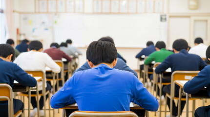 Back View of Students Taking Entrance Exam in Classroom &ndash; Japanese Junior High School Test Scene