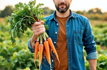 Farmer with freshly harvested carrots