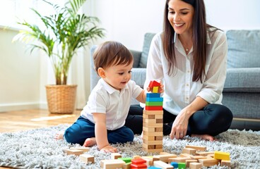 A small child plays with toys with his mother