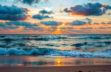 Sunset over ocean waves