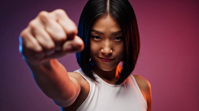 Asian woman confidently throws a punch, empowerment and determination radiate, martial arts discipline showcased in dynamic studio lighting