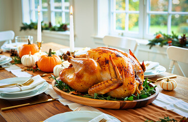 Thanksgiving. Baked chicken on the holiday table.