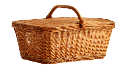 Woven wicker picnic basket with lid and handle traditional woven container for food and outdoor leisure isolated on white background.