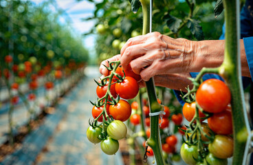 Old hands tie up tomatoes in a greenhouse