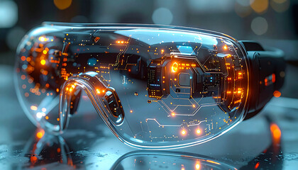 Vision of Technology: A futuristic tech glasses showcasing innovative design and advanced circuitry, representing the cutting edge of technological advancement and wearable technology.