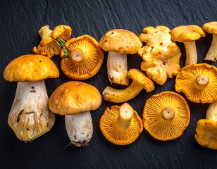 Assortment of fresh, vibrant, edible fungi on a dark, textured surface