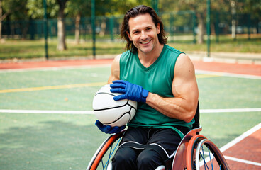 A wheelchair-bound man plays basketball.