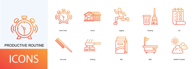 productive routine icon collection set. Containing Alarm Clock, House, Jogging, Cleaning, List icon