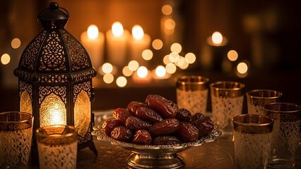Elegant Iftar Setting: A traditional illuminated lantern casts a warm glow over a silver bowl of dates and ornate glasses, set for a festive evening celebration.