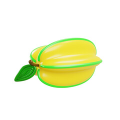 A glossy yellow starfruit isolated on white, presenting its smooth form, green leaf, and tropical brightness for clean, fresh food-themed designs.