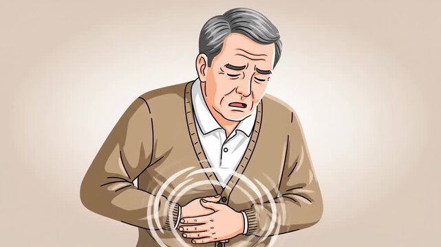 Elderly Person Experiencing Stomach Pain: Animated Illustration and Medical Concept Overview