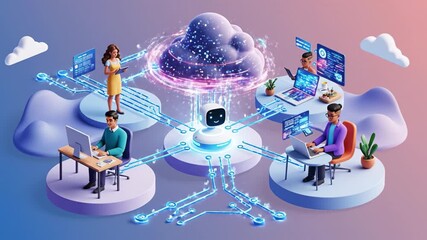 Cloud computing artificial intelligence data network remote work teamwork digital transformation cybersecurity machine learning collaboration innovation modern office laptop desktop tablet diverse