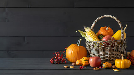 Autumn harvest basket with pumpkins gourds apples and corn on dark wood image photo