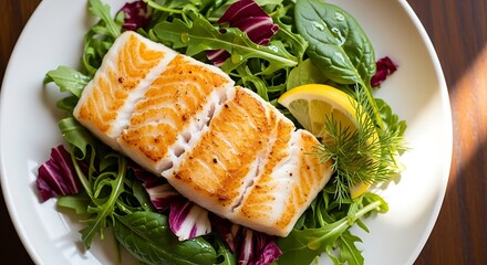 Crispy pan-seared fish fillet, perfectly seasoned, rests atop a bed of mixed greens and vibrant vegetables, garnished with fresh dill and a lemon wedge.