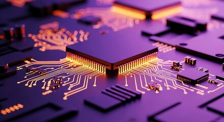 Close-up of a glowing computer processor chip on a circuit board.
