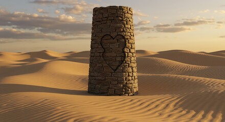 Ancient Stone Pillar in Desolate Sunset Desert - Intricate Carvings and Golden Hour Light.