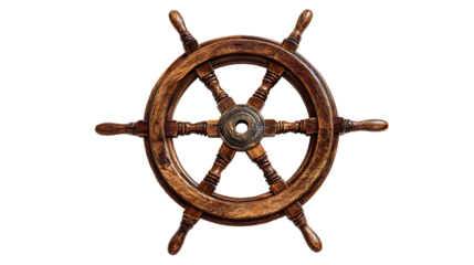 Antique wooden ships wheel a nautical symbol of navigation and adventure isolated on a white background.