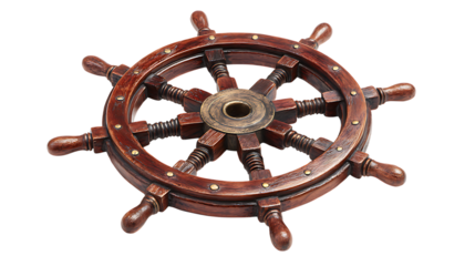 Vintage wooden ships wheel nautical navigation control isolated on white background.