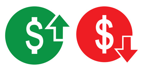 Money increase or decrease icon set. dollar decrease increase symbol. profit and lose icons with arrow , Cost rising icon. vector illustration .