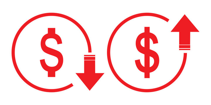 Money increase or decrease icon set. dollar decrease increase symbol. profit and lose icons with arrow , Cost rising icon. vector illustration .