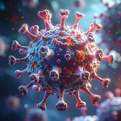 Close-up illustration of a spherical virus, detailed and colorful