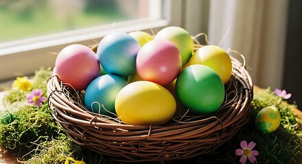 Colorful Easter Eggs in a Woven Nest by a Sunny Window.