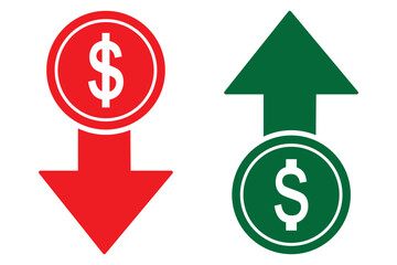 Dollar increase and decrease vector icons. Cost reduce increases and decreases icon set. profit and lose money vector icons.