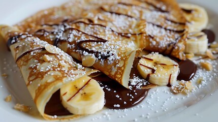 A plate of crepes topped with banana slices chocolate syrup and powdered sugar on a wooden surface