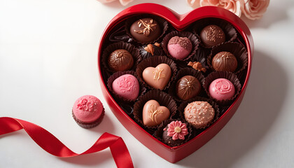A luxurious, heart-shaped red box filled with various gourmet dark and pink chocolate truffles and bonbons, symbolizing love and romance, placed on a white wooden table for Valentine's Day