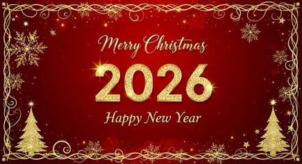 Elegant &ldquo;Merry Christmas 2026&rdquo; Greeting Card with Gold Decorations on Red Background