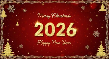 Elegant &ldquo;Merry Christmas 2026&rdquo; Greeting Card with Gold Decorations on Red Background