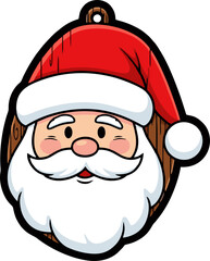Cartoon Santa Claus head ornament with red hat and white beard.
