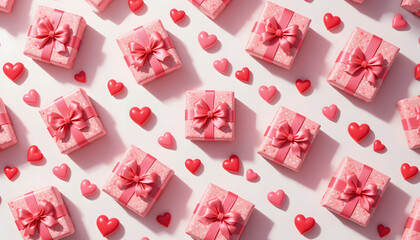 Flat Lay of Pink Gift Boxes and Scattered Red and Pink Heart Candies on a Bright White Background for Valentine's Day or Love Themes