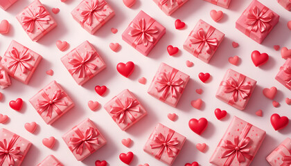 Flat Lay of Pink Gift Boxes and Scattered Red and Pink Heart Candies on a Bright White Background for Valentine's Day or Love Themes
