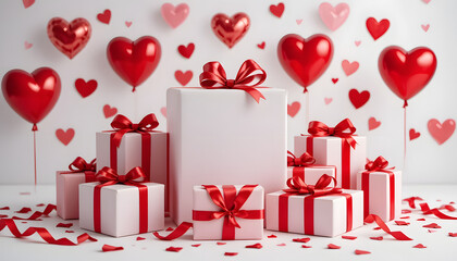 A Luxurious and Elegant Composition of White Gift Boxes with Bright Red Ribbons, Surrounded by Floating Heart-Shaped Balloons and Scattered Confetti, Perfect for Valentine's Day, Anniversary