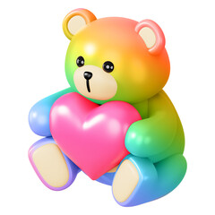 Rainbow teddy bear png holding heart, 3D illustration on transparent background