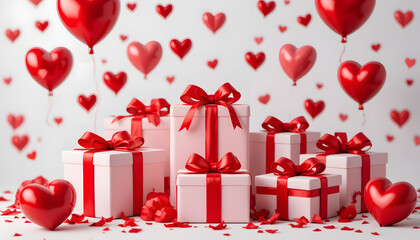 A Luxurious and Elegant Composition of White Gift Boxes with Bright Red Ribbons, Surrounded by Floating Heart-Shaped Balloons and Scattered Confetti, Perfect for Valentine's Day, Anniversary