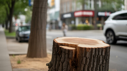 Naklejka premium Tree Stump on City Sidewalk with Blurred Urban Background tree stump, cut tree, urban