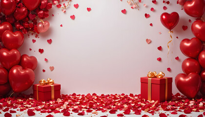 Romantic Valentine's Day Background with Red Heart Balloons, Rose Petals, and Gift Boxes for Sweet Holiday Celebrations and Anniversary Wishes.