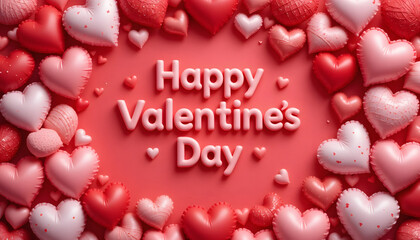 Happy Valentine's Day Greeting Card Background with Red and Pink 3D Heart Balloons and Text for Romantic Celebration and Love Theme.