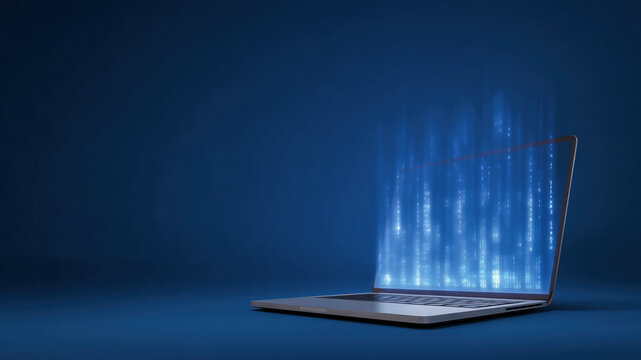 Hologram laptop cyber network data stream technology glow cyberspace screen information matrix datum pulse on dark background, futuristic mood for digital concept and secure virtual design - Powered by Adobe