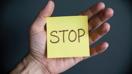 Hand holding a bright yellow sticky note with the word stop written in brown ink against dark background