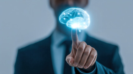 Technology innovation digital brain virtual interface human finger hologram business suit artificial intelligence data network cyberspace information datum glow calm focus, fingertip touch links