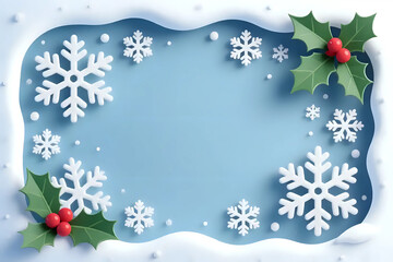 Christmas background, winter holiday frame, white snowflakes holly leaves, snow border, light gradient, festive season decoration, new year December holiday season design simple vector illustration 5