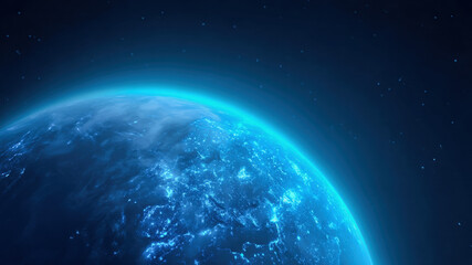 Global network digital world data flow international connection technology cyberspace information datacenter concept high resolution Calm blue planet edge with glowing global network